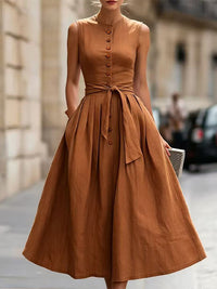 Button-Front Tied Sleeveless Dress