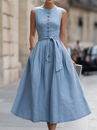 Button-Front Tied Sleeveless Dress