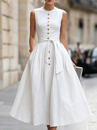 Button-Front Tied Sleeveless Dress