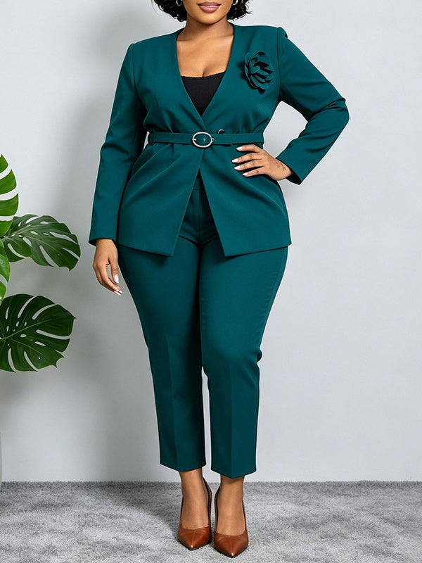 3D Floral Belted Blazer & Pants Set