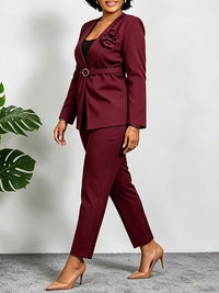 3D Floral Belted Blazer & Pants Set