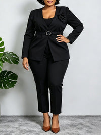 3D Floral Belted Blazer & Pants Set