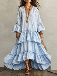 Stripe V-Neck Ruffle Dress