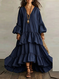 Stripe V-Neck Ruffle Dress