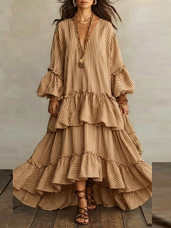 Stripe V-Neck Ruffle Dress