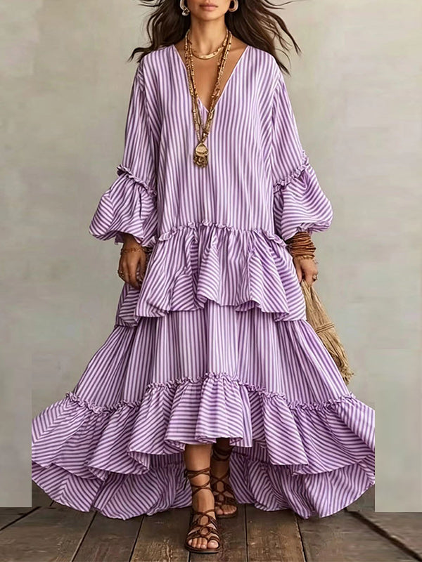 Stripe V-Neck Ruffle Dress