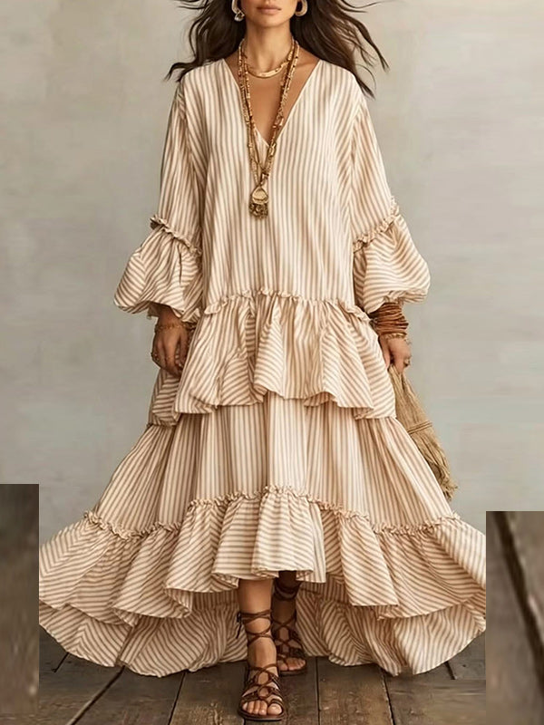 Stripe V-Neck Ruffle Dress