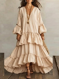Stripe V-Neck Ruffle Dress