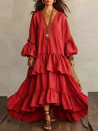 Stripe V-Neck Ruffle Dress