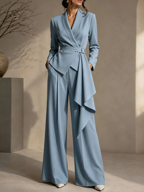 Solid Tied Blazer & Wide-Leg Pants Set