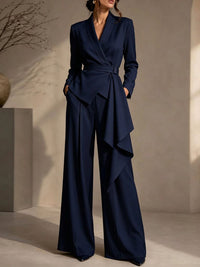 Solid Tied Blazer & Wide-Leg Pants Set