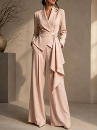 Solid Tied Blazer & Wide-Leg Pants Set