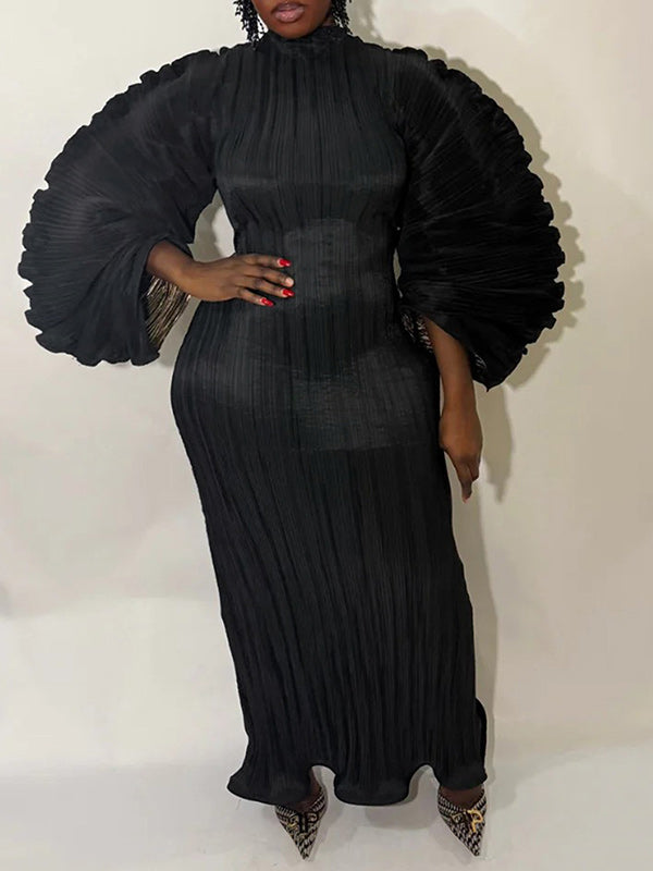 Solid Puff-Sleeve Pleated Dress
