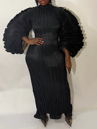 Solid Puff-Sleeve Pleated Dress