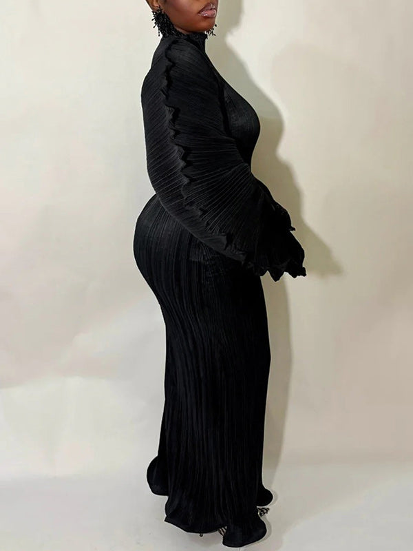 Solid Puff-Sleeve Pleated Dress
