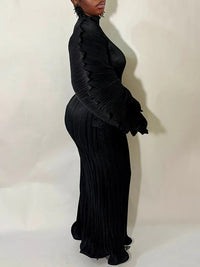 Solid Puff-Sleeve Pleated Dress