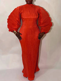 Solid Puff-Sleeve Pleated Dress