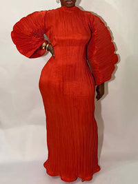 Solid Puff-Sleeve Pleated Dress