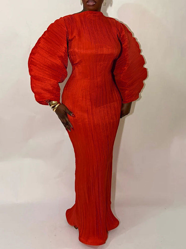 Solid Puff-Sleeve Pleated Dress