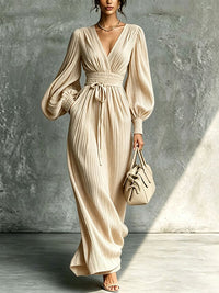 Solid V-Neck Cinched-Waist Dress