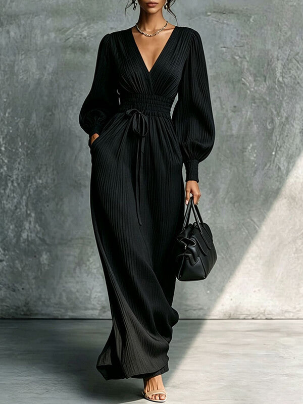 Solid V-Neck Cinched-Waist Dress