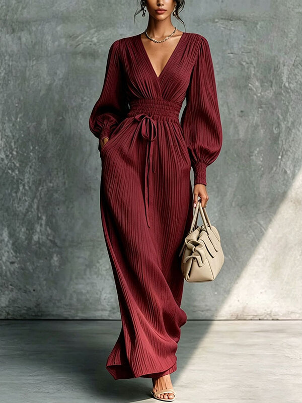 Solid V-Neck Cinched-Waist Dress