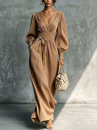 Solid V-Neck Cinched-Waist Dress