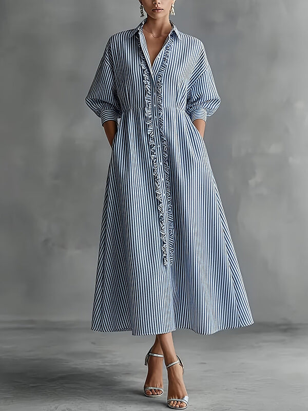 Stripe Frilled Shirt Dress