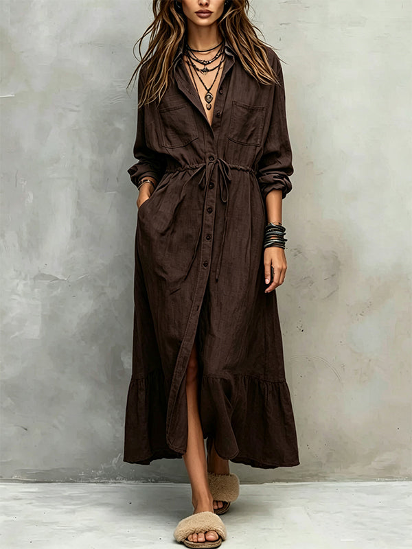 Drawstring Button-Front Shirt Dress