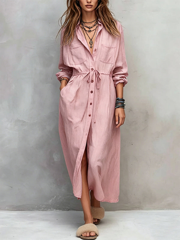 Drawstring Button-Front Shirt Dress
