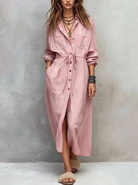 Drawstring Button-Front Shirt Dress