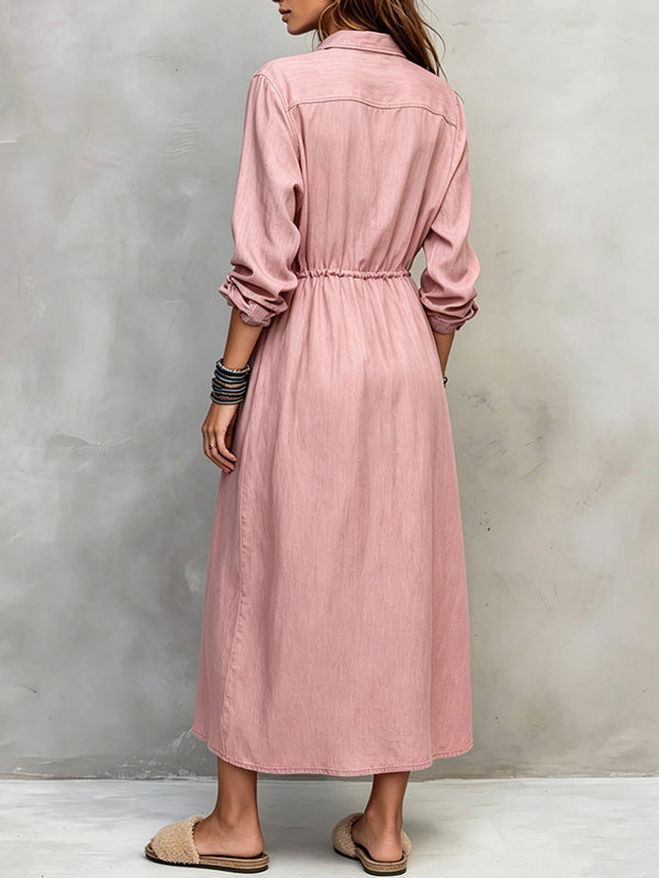 Drawstring Button-Front Shirt Dress