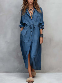 Drawstring Button-Front Shirt Dress