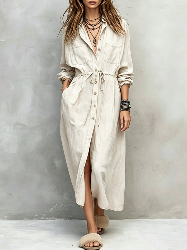 Drawstring Button-Front Shirt Dress