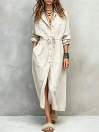 Drawstring Button-Front Shirt Dress