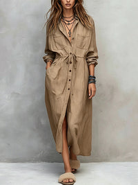Drawstring Button-Front Shirt Dress
