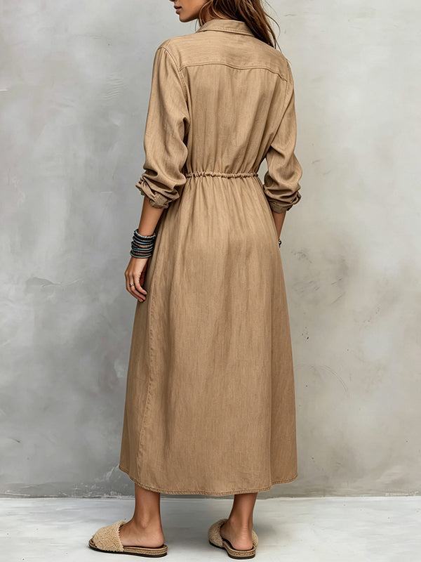 Drawstring Button-Front Shirt Dress