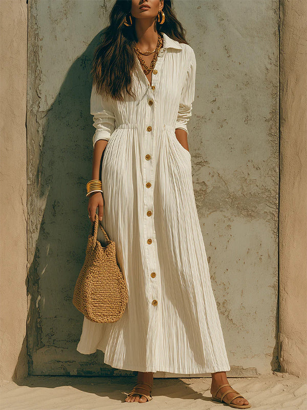 Button-Front Cinched-Waist Shirt Dress