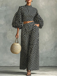 Dot Puff-Sleeve Top & Wide-Leg Pants Set