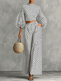 Dot Puff-Sleeve Top & Wide-Leg Pants Set