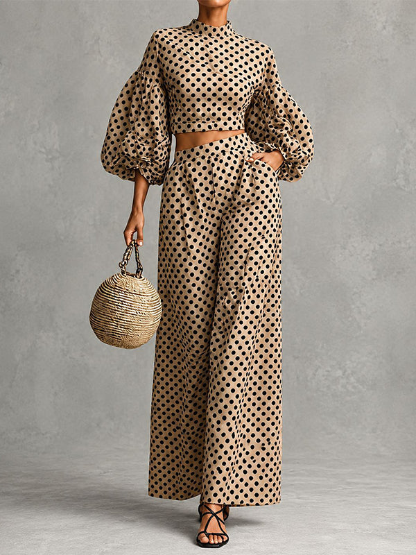 Dot Puff-Sleeve Top & Wide-Leg Pants Set
