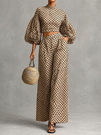 Dot Puff-Sleeve Top & Wide-Leg Pants Set
