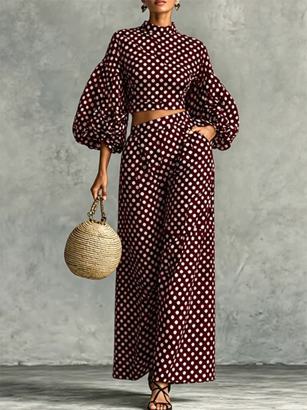 Dot Puff-Sleeve Top & Wide-Leg Pants Set