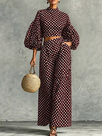 Dot Puff-Sleeve Top & Wide-Leg Pants Set