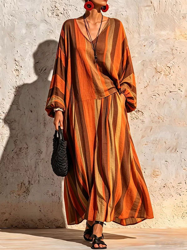 Stripe V-Neck Top & Wide-Leg Pants Set