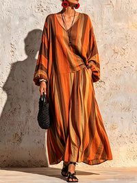 Stripe V-Neck Top & Wide-Leg Pants Set