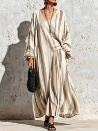 Stripe V-Neck Top & Wide-Leg Pants Set