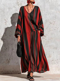 Stripe V-Neck Top & Wide-Leg Pants Set