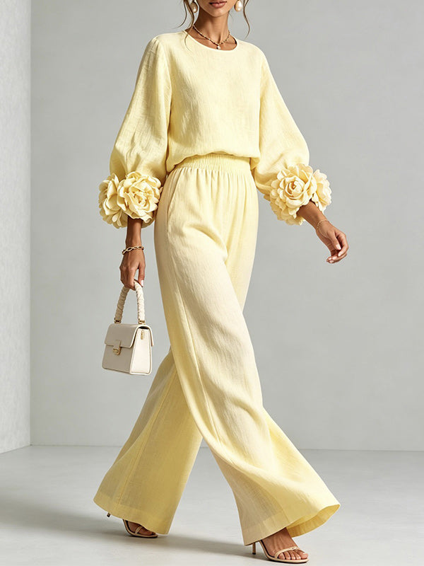 Floral-Sleeve Top & Pants Set
