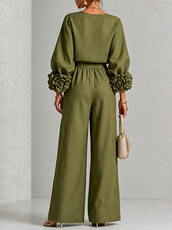 Floral-Sleeve Top & Pants Set